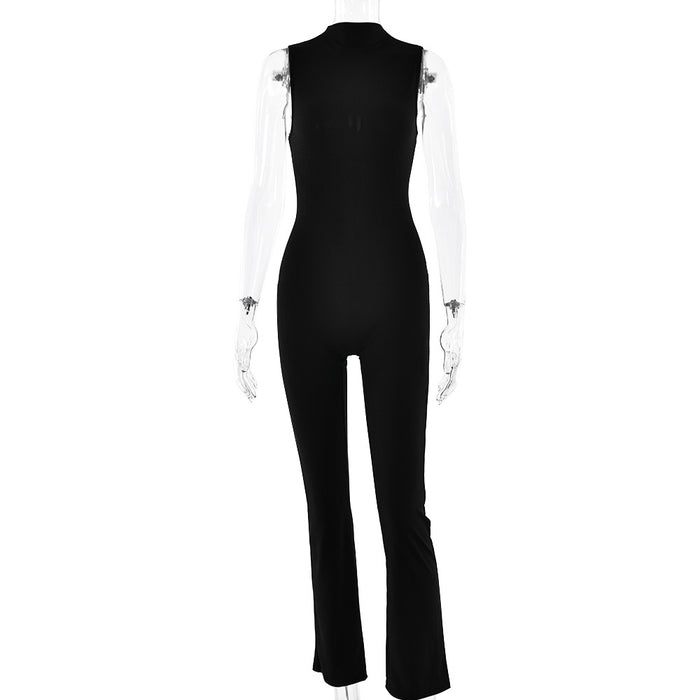 Women Jumpsuit Round Neck Sleeveless Solid Color Bell Bottom Pants Tights Sexy Sexy Sports