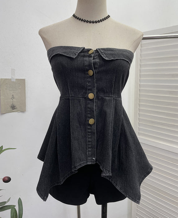 Real Shot Thai Sexy Irregular Asymmetric Hem Washed Denim Tube Top Short Single Breasted Sleeveless Top