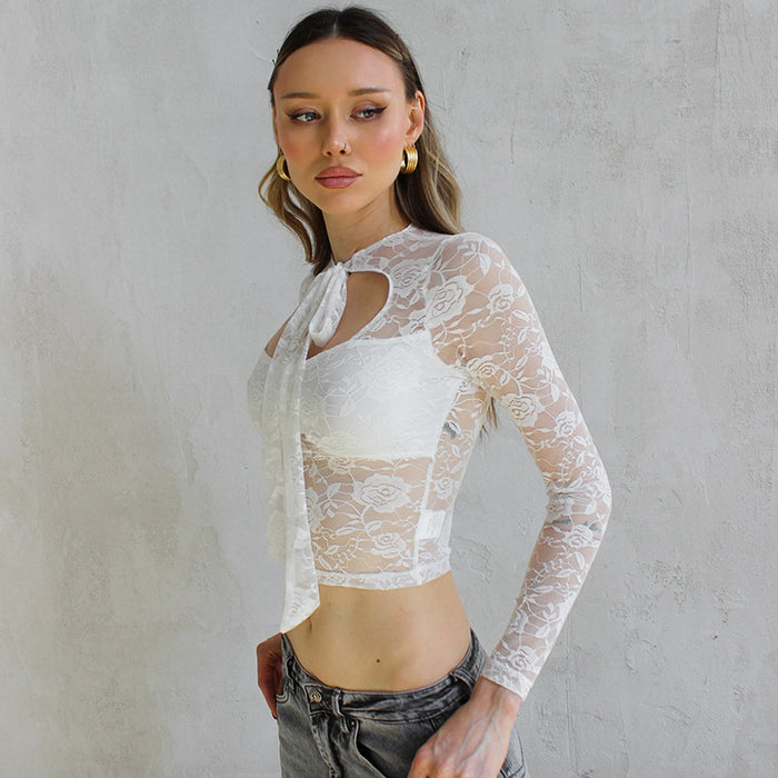 Women Clothing Summer Sexy Solid Color Lace Long Sleeve Tied Exposed Cropped Sheer Top