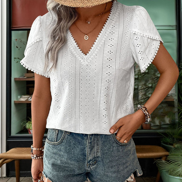 Summer Women Clothing Texture V Neck White Shirt Women