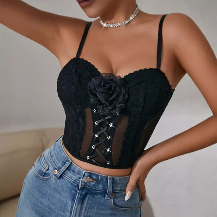 Sexy Sexy Mesh Wrapped Chest Strap Floral Boning Corset Casual Women Vest