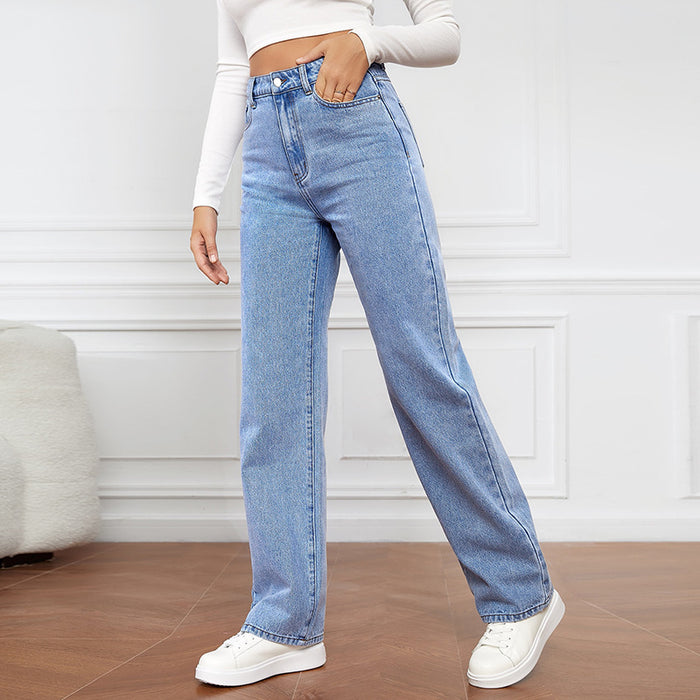 High Waist Wash Women Jeans Long Straight Leg Pants