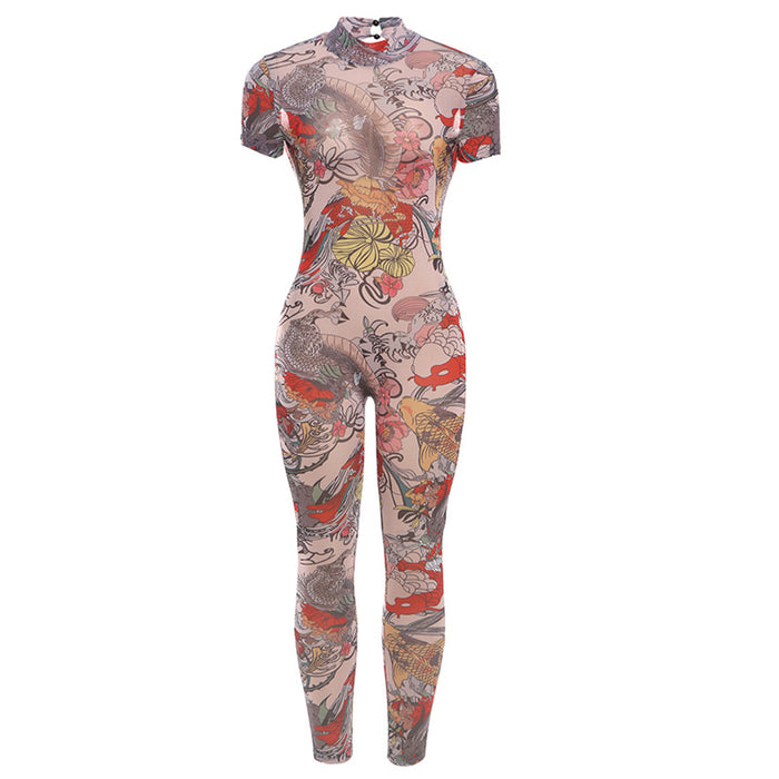 Summer Women Clothing Sexy Backless Printed Sheer Mesh Jumpsuit for Women