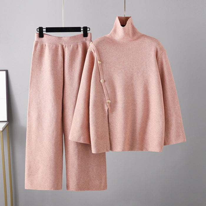 Niche Stand Collar Slit Knitted Turtleneck Sweater Women Winter Warm Anti-Aging Casual Wide Leg Pants Two Piece Set