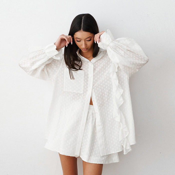 Summer White Pure Cotton Sexy Jacquard Bell Sleeve Casual Elastic Shorts All Matching Set Women