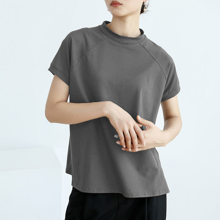 Summer Cotton Solid Color Short Sleeve Women T Shirt French Pullover Women Side Slit