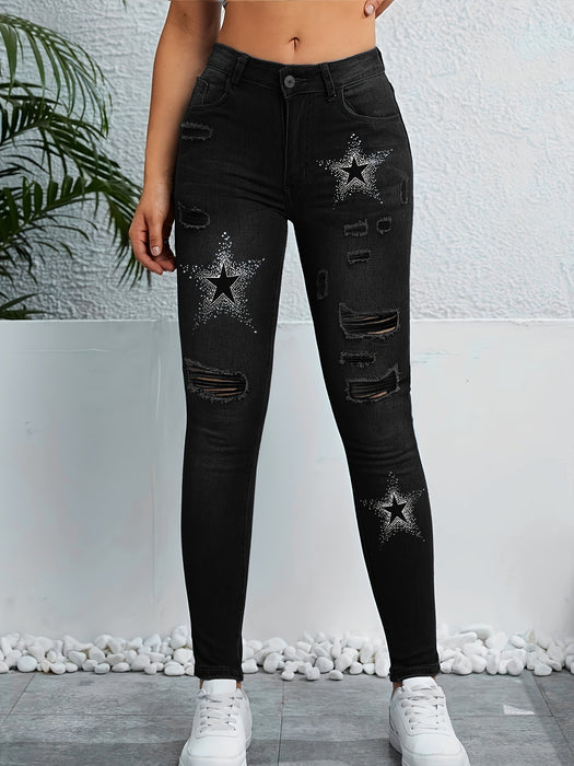 Spring Summer Holes Cut Rotten Contrast Color Printed Denim Skinny Denim Trousers