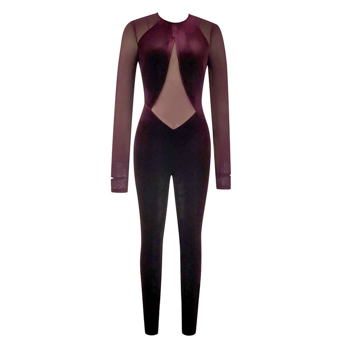 Simple Sexy Round Neck Velvet Stitching Mesh Slim Fit Tight Jumpsuit for Women