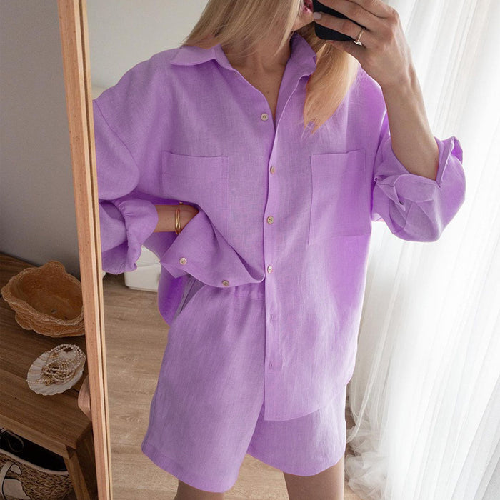 Women Clothing All-Match Shirt Elastic Waist Shorts Two-Piece Suit