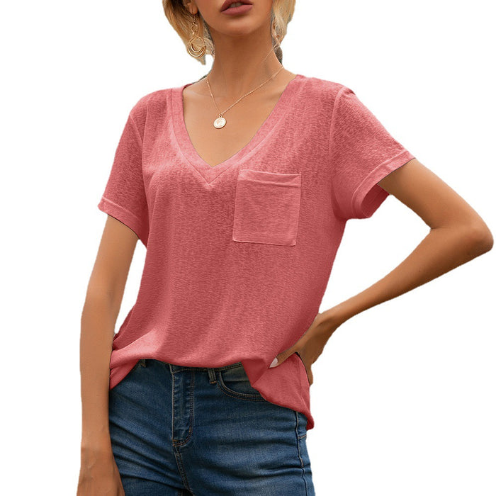 Summer Women Clothing V-neck Pocket Casual Loose Short Sleeves T-shirt Top for Women