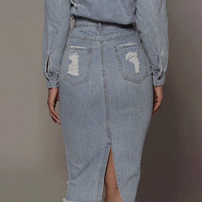 Midi Skirt Blue Denim Retro Urban Casual One-Step Skirt Solid Color Women Skirt