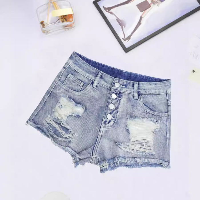 Women Denim With Hole Cut Long Breasted Denim Shorts Sexy All Matching