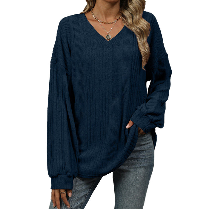 Autumn Winter Solid Color V Neck Loose Long Sleeved T Shirt Top Women