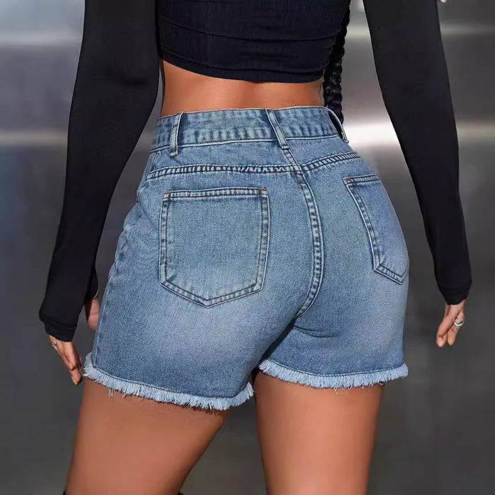 Women Clothing High Waist Loose Slimming Jeans Frayed Shorts