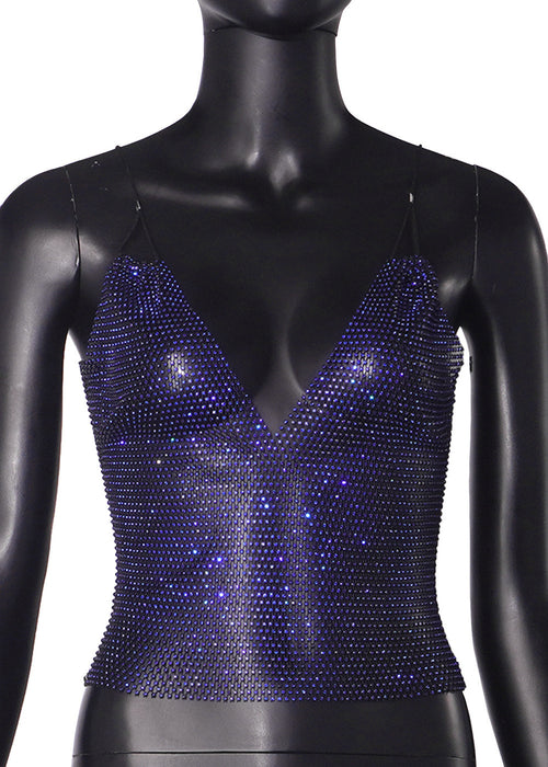 Grid Rhinestone Sexy Suspenders Slim Top Vest Women