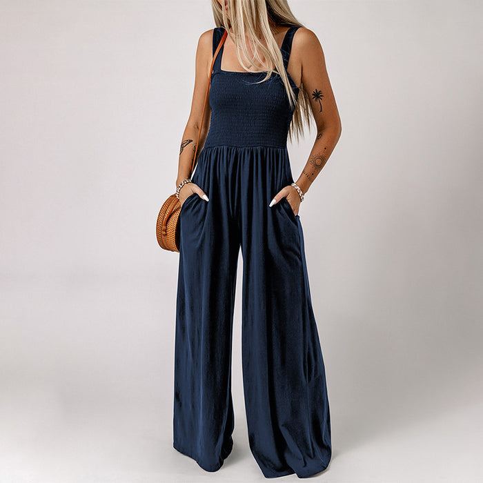 High Waist Jumpsuit Women Summer Sleeveless of the Shoulder Knitted Wide Leg Trousers Jumpsuit