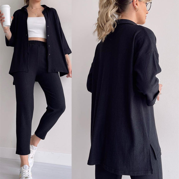 Casual Autumn Shirt High Waist Elastic Pants Women Two Piece Set