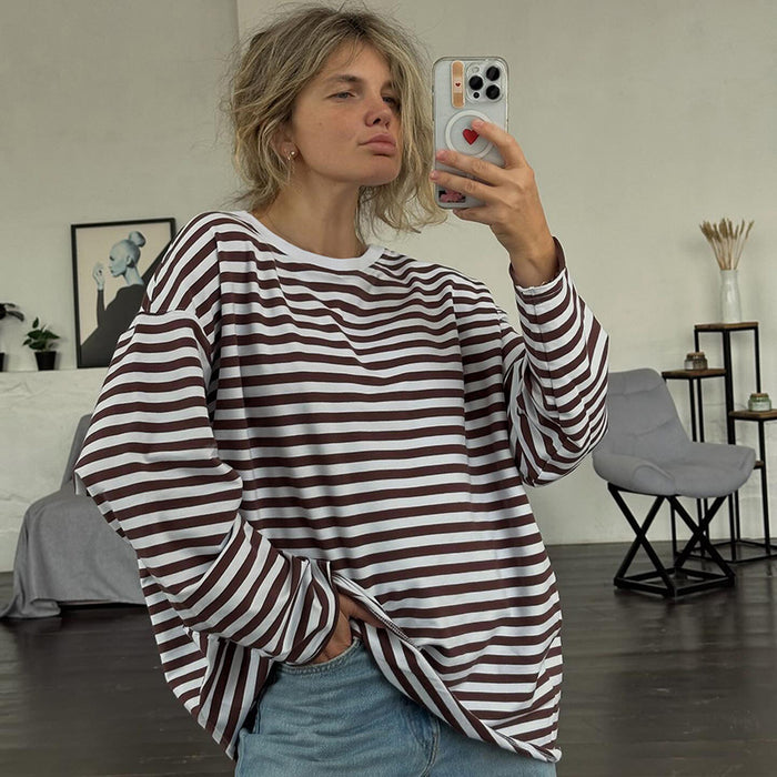 Street Retro Contrast Color Striped Basic Loose T Shirt Autumn Sexy Thin Round Neck Long Sleeve