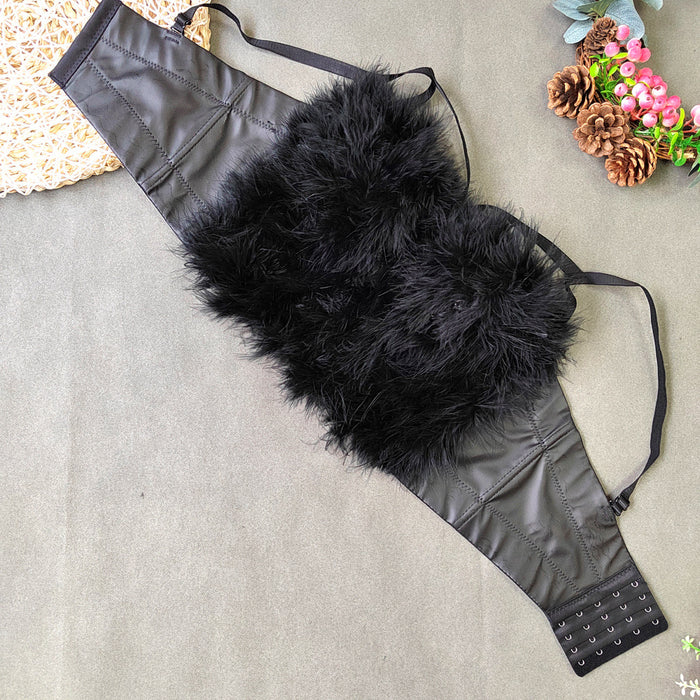 Ostrich Feather Stitching Leather Spaghetti Straps Outerwear Short Elegant Faux Leather Feather Tube Top Vest Slim Vest