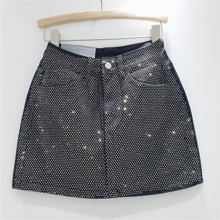 【MOQ-5 packs】 Summer Heavy Embroidery Drilling Denim Skirt Women High Waist Slimming A line Hip Wrapped Skirt