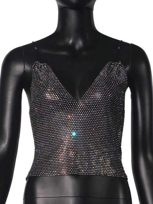 Grid Rhinestone Sexy Suspenders Slim Top Vest Women