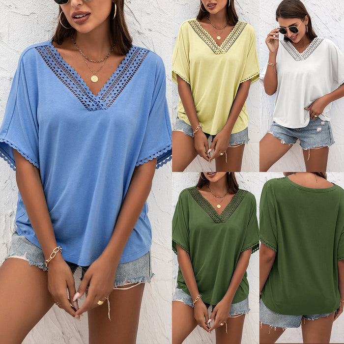 Women Clothing Summer Sexy Hollow Out Cutout out Stitching V-neck Loose Sweater Short Sleeve T-shirt for Women