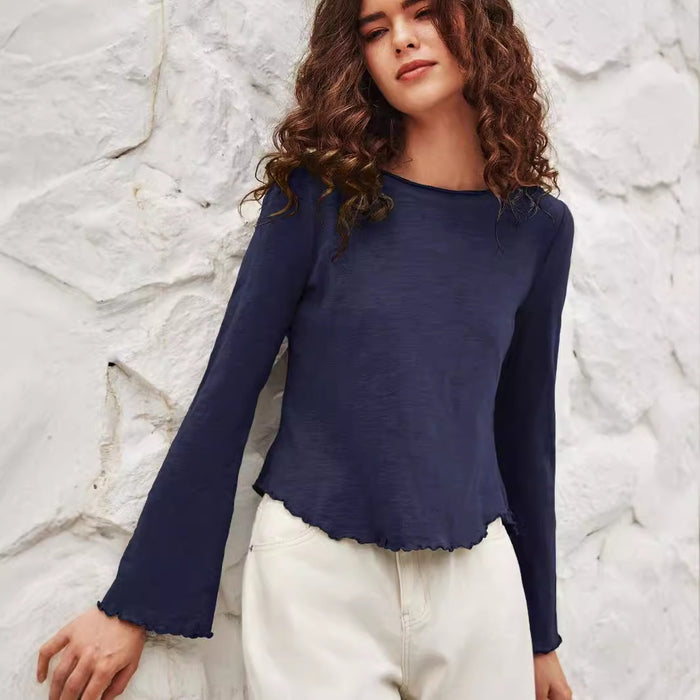 Early Autumn Top Round Neck Stringy Selvedge Flare-Sleeve Long Sleeve Knitted Bottoming Shirt