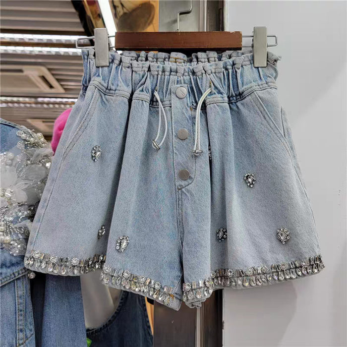 Spring Summer Exquisite Rhinestone Beaded High Waist Slimming Wide Leg Denim Shorts Women Pants