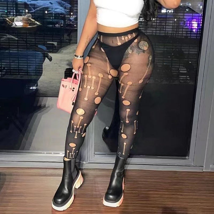 High Waist Mesh Hollow Out Cutout Ripped Sexy Slim Fit Pantyhose Women Clothing