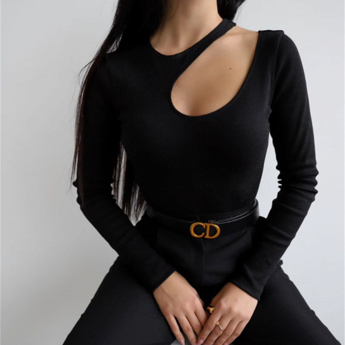 Rib Hollow Out Cutout out Bodysuit Women Spring Long Sleeve Sexy Top Simple Slimming