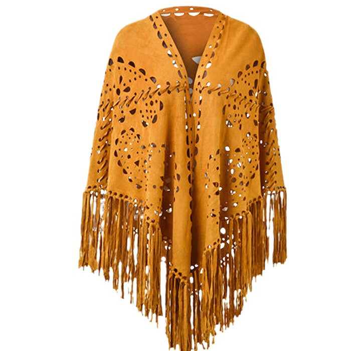 Autumn Winter Warm Shawl Personalized Suede Cloak Robe Hollow Out Cutout Tassel Scarf Women Gift High Sense