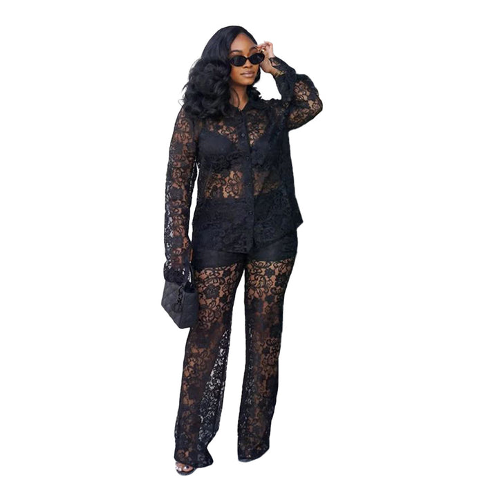 Women Wear Sexy Lace Pattern Collared See Through Suit