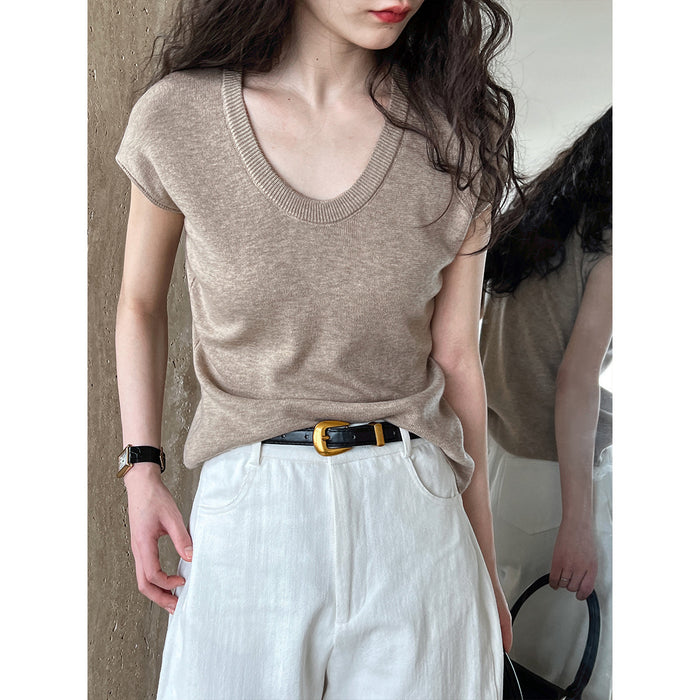 Flying Sleeve Knitwear Women Spring Summer Simple Drop Shoulder Underwear Short-Sleeved T Shirt Top Thin