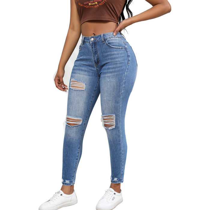 Skinny Pants Women High Elastic Ripped Sexy Figure High Waist Jeans