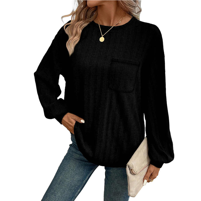 Women Women Sunken Stripe Brushed Solid Color Round Neck Pocket Casual Loose Fitting T Shirt Women