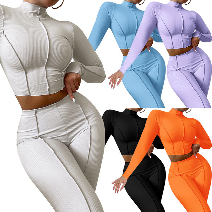 Women Clothing Fall ide-out Wear Design High-Necked Thread High Waist Slim Fit Two-Piece Suit