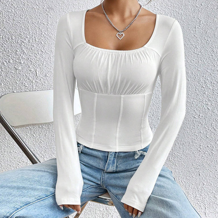 Women Clothing Autumn Winter Slim Fit Square Collar Long Sleeved T shirt Solid Color Casual Waist Top