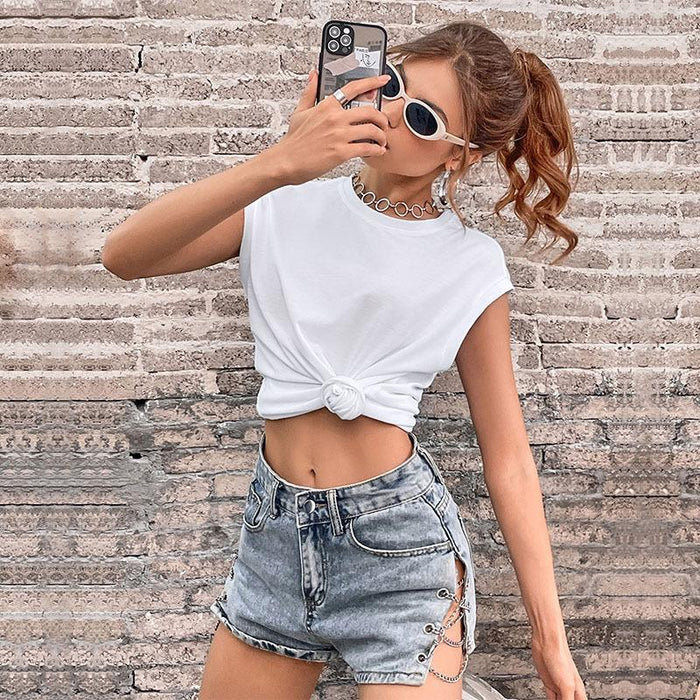 Summer Casual Solid Color Top round Neck White Sleeveless T shirt