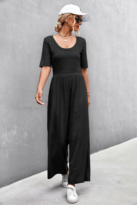 Spring Summer Short Sleeve U Collar Loose Wide Leg Jumpsuit