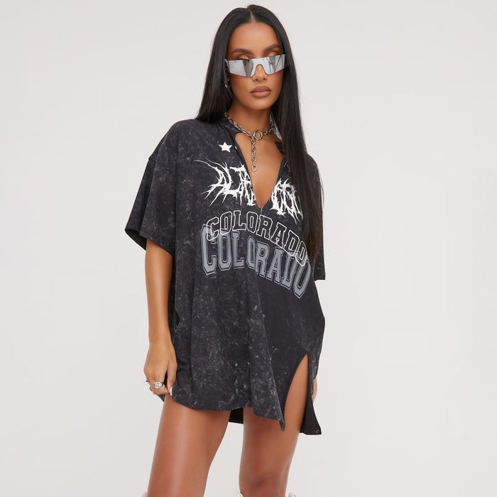 Sexy Deep V Plunge Sexy Worn Looking Washed out Casual Short Sleeve Loose Letter Graphic Print Slit Hemline at Hem Mid Length T shirt