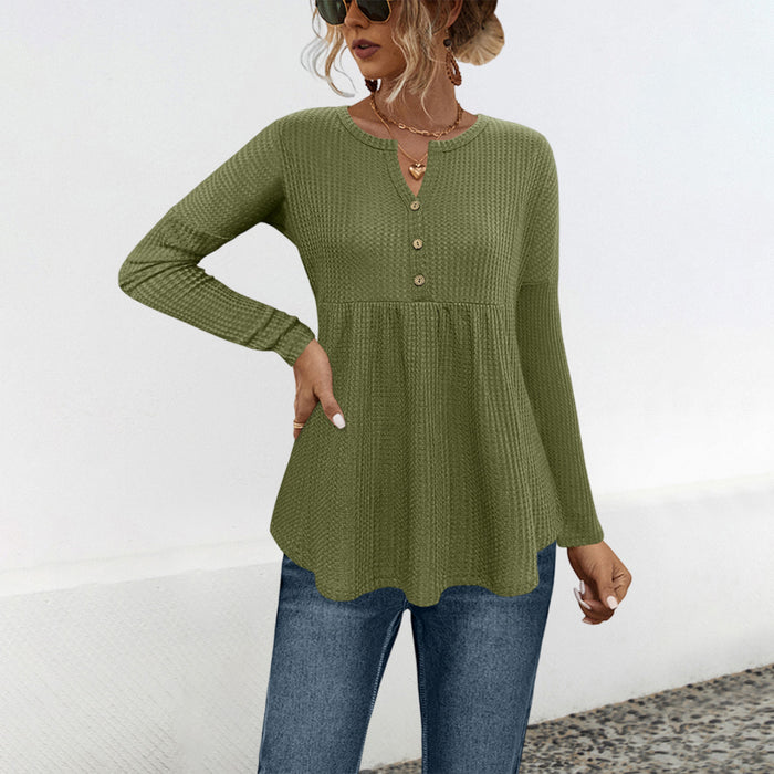 Women Collection for Autumn Button Waffle Loose Long Sleeve Top