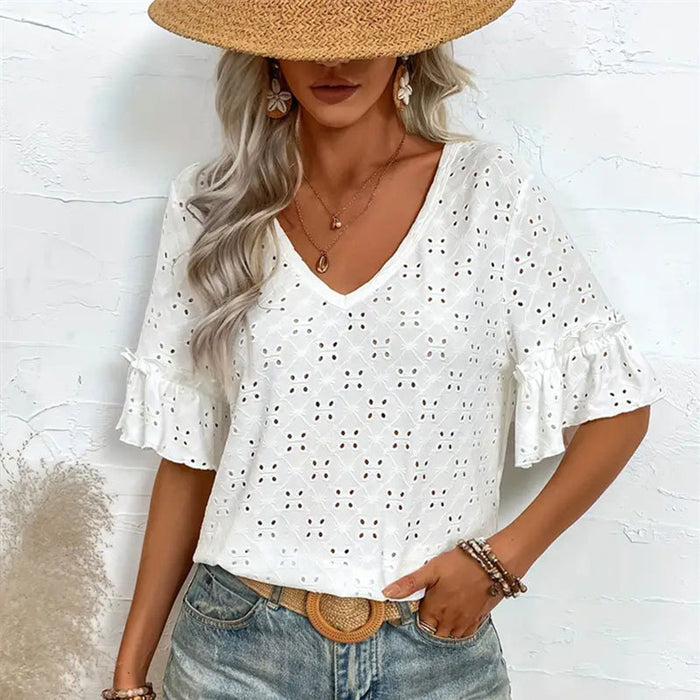 Women Knitted Embroidered Hollow Out Cutout Ruffled V neck Short Sleeved Shirt Women T shirt Women Spring Autumn