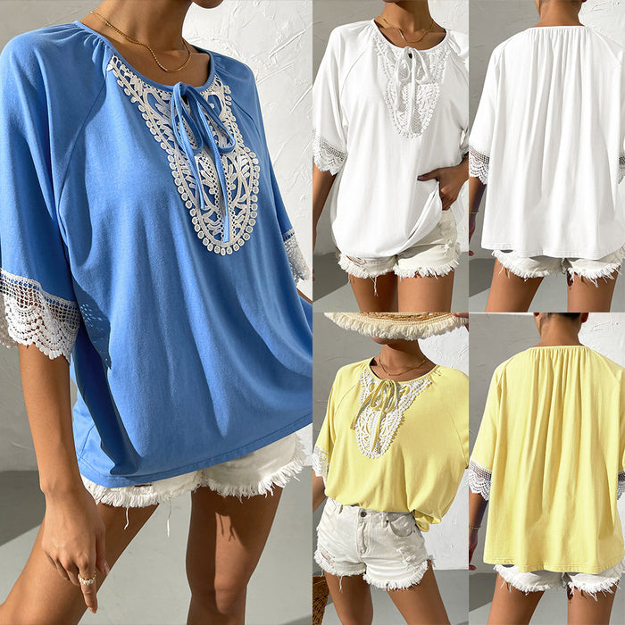 Women Summer National Lace round Neck Lace Stitching Loose Short Sleeve Top