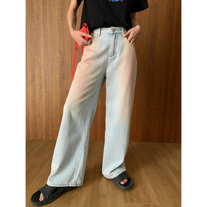 Blush Blooming Design Retro High Waist Slimming All Matching Straight Wide Leg Jeans