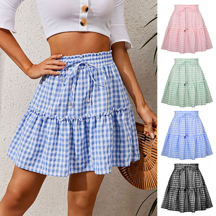 Popular Women Pleating Plaid Printed Skirt High Waist Elastic Retro Plaid Skirt