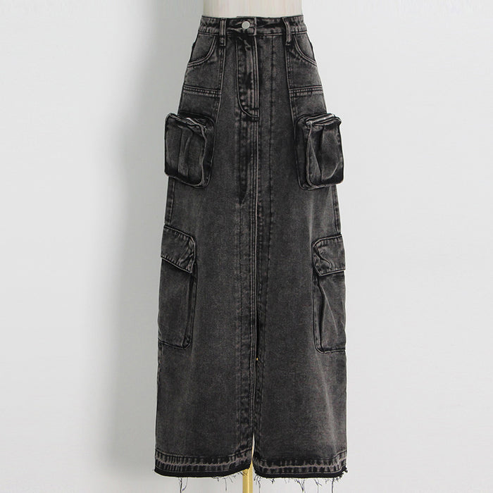 【MOQ-5 packs】 Hipsters High Street Spring High Waist Long Straight Front Slit Design Denim Solid Color Women Skirt