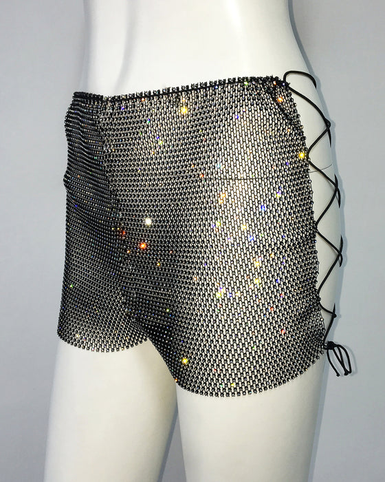 Women Mesh Rhinestone Shorts Sexy Tight Bandage Pants Rhinestone Super Short Shorts