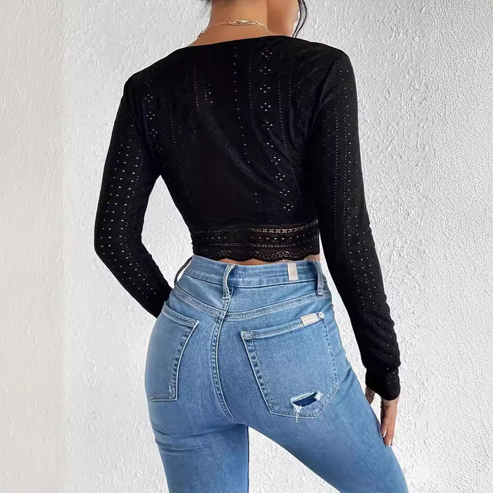 Summer Women Lace Pleated Square Collar Bottoming Long Sleeve T shirt Women