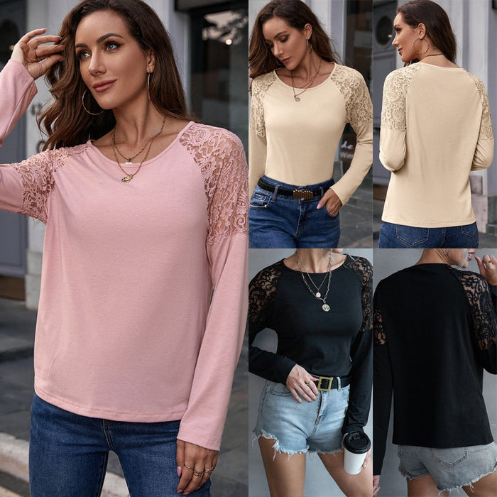 Lace Patchwork round Neck Long-Sleeved T-shirt Hollowed Casual Loose Bottoming Shirt Top for Women