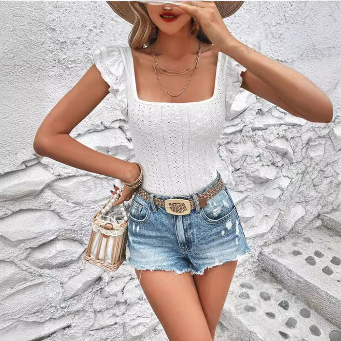 Women Clothing Summer Square Collar Ruffled Slim T shirt for Women